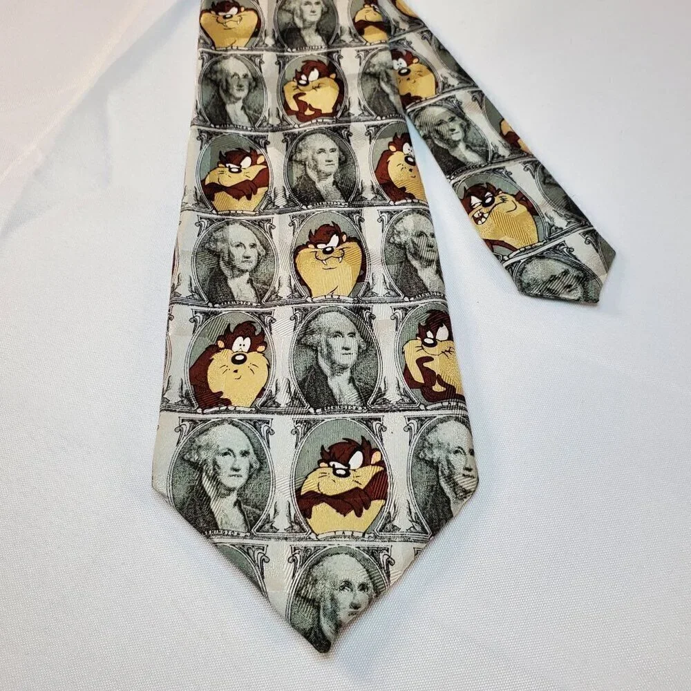 Looney Tunes Mania Taz Big Bucks 100% Silk Necktie Featuring George Washington